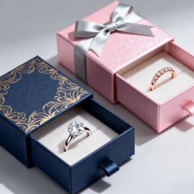 Wytworne Luksusowe Pudełka na Pierścionki z Niestandardowym Logo, z Płyty w Kolorze Kości Słoniowej, z Gąbką i Aksamitną Wyściółką, Tłoczeniem, Lakierowaniem, Powłoką UV, Drukiem i Obróbką