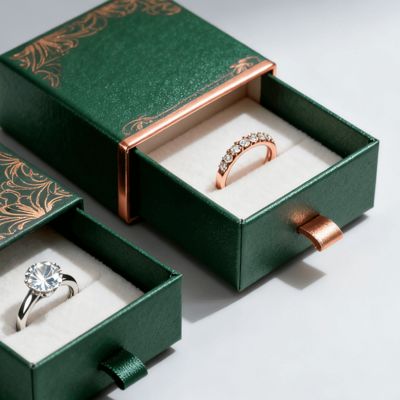 Wytworne Luksusowe Pudełka na Pierścionki z Niestandardowym Logo, z Płyty w Kolorze Kości Słoniowej, z Gąbką i Aksamitną Wyściółką, Tłoczeniem, Lakierowaniem, Powłoką UV, Drukiem i Obróbką