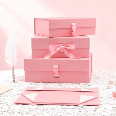Niestandardowe logo wysokiej jakości wstążka składane pudełko różowe czarne prostokątny kształt magnetyczne opakowanie z papieru artystycznego do matowego laminowania i tłoczenia
